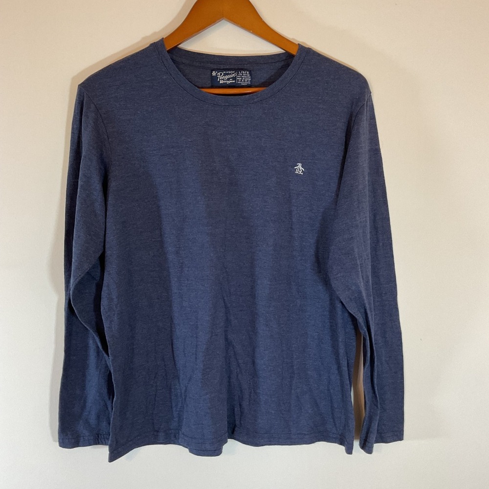 Original Penguin Mens Long Sleeve Crew Neck T-Shirt Blue Heathered Large
